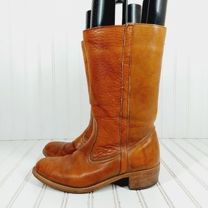 Dexter Brown Leather Slip On Western Chunky Look Midi Calf Boots I613